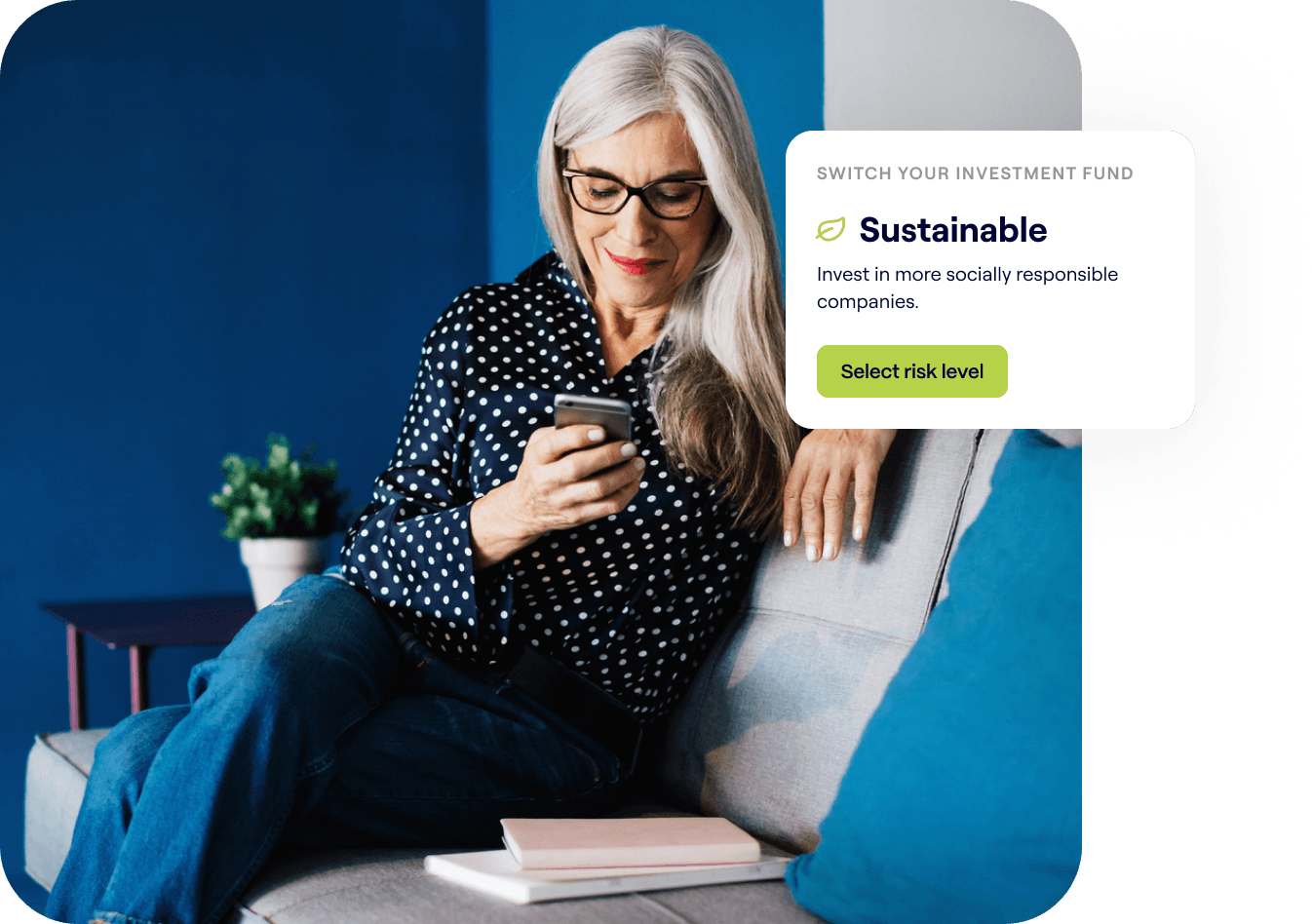 A photo of a woman smiling while looking at a phone and an excerpt of the Penfold pension app showing sustainable pension investment fund