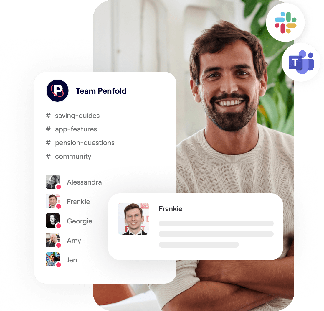 A photo of a man smiling and an excerpt screen of Penfold integrated with work instant messaging chats