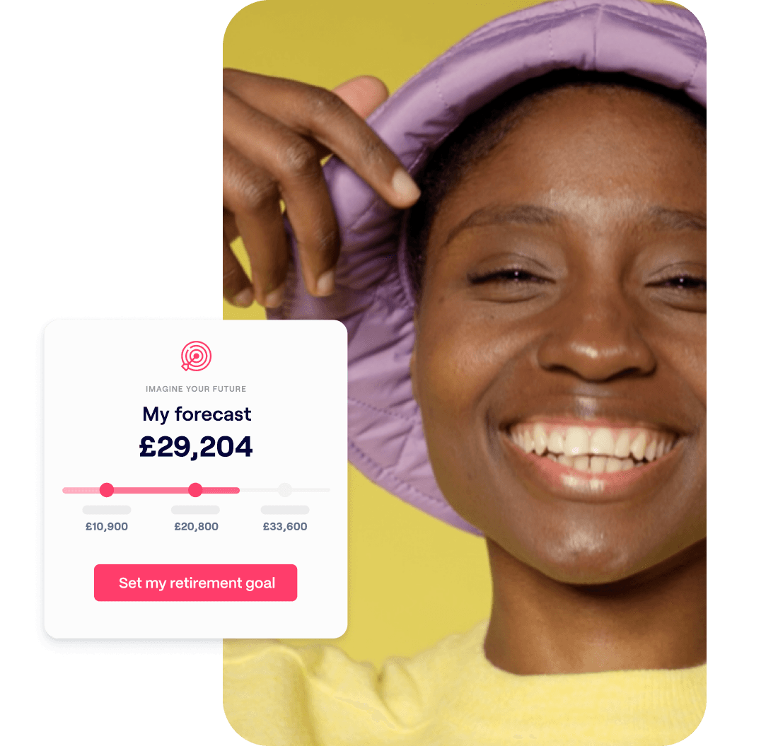 A photo of a woman smiling and an excerpt of the Penfold pension app showing forecasted retirement savings
