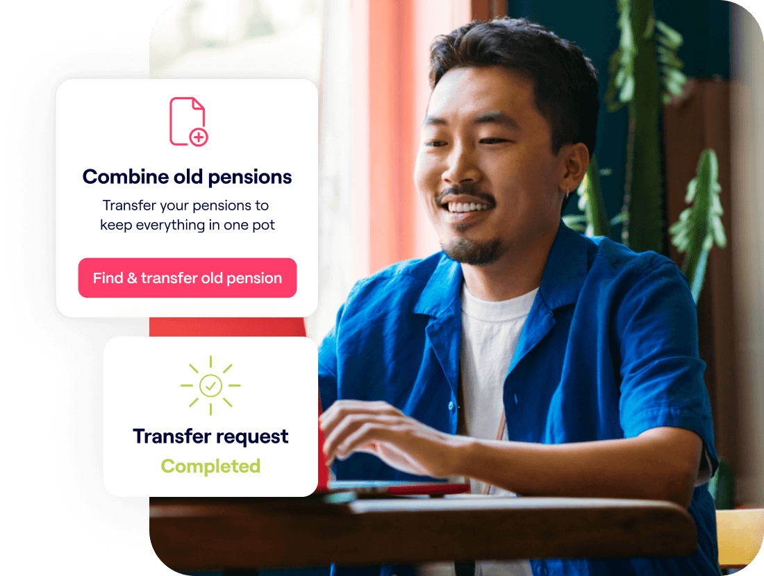 A photo of a man smiling while looking at a laptop and excerpts of the Penfold pension app showing combine old pensions and transfer request screens