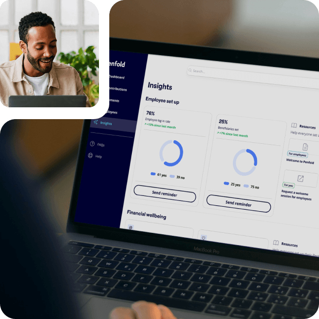 A person is filling out payroll details on a laptop screen using a platform called Penfold, with options like monthly or weekly pay and pension contributions. A coffee cup, notepad, and glasses sit nearby on the desk, while a small inset image in the top left shows a man smiling during a video call.