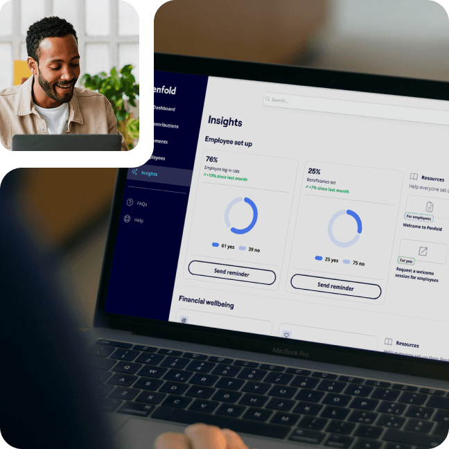 A person is filling out payroll details on a laptop screen using a platform called Penfold, with options like monthly or weekly pay and pension contributions. A coffee cup, notepad, and glasses sit nearby on the desk, while a small inset image in the top left shows a man smiling during a video call.