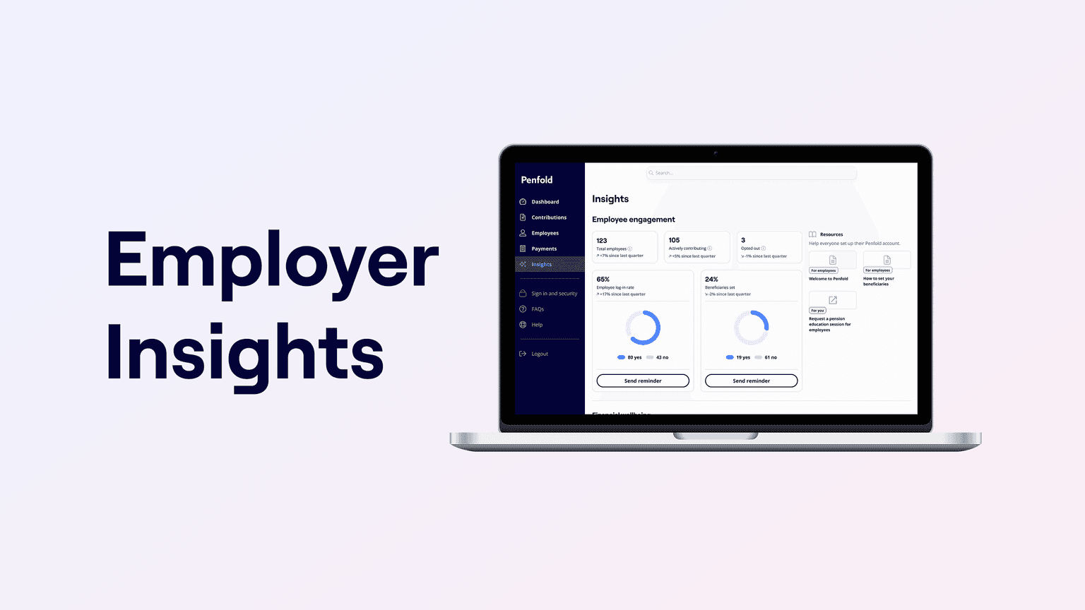 Text "Employer Insights" next to a laptop displaying a Penfold dashboard with employee engagement data.