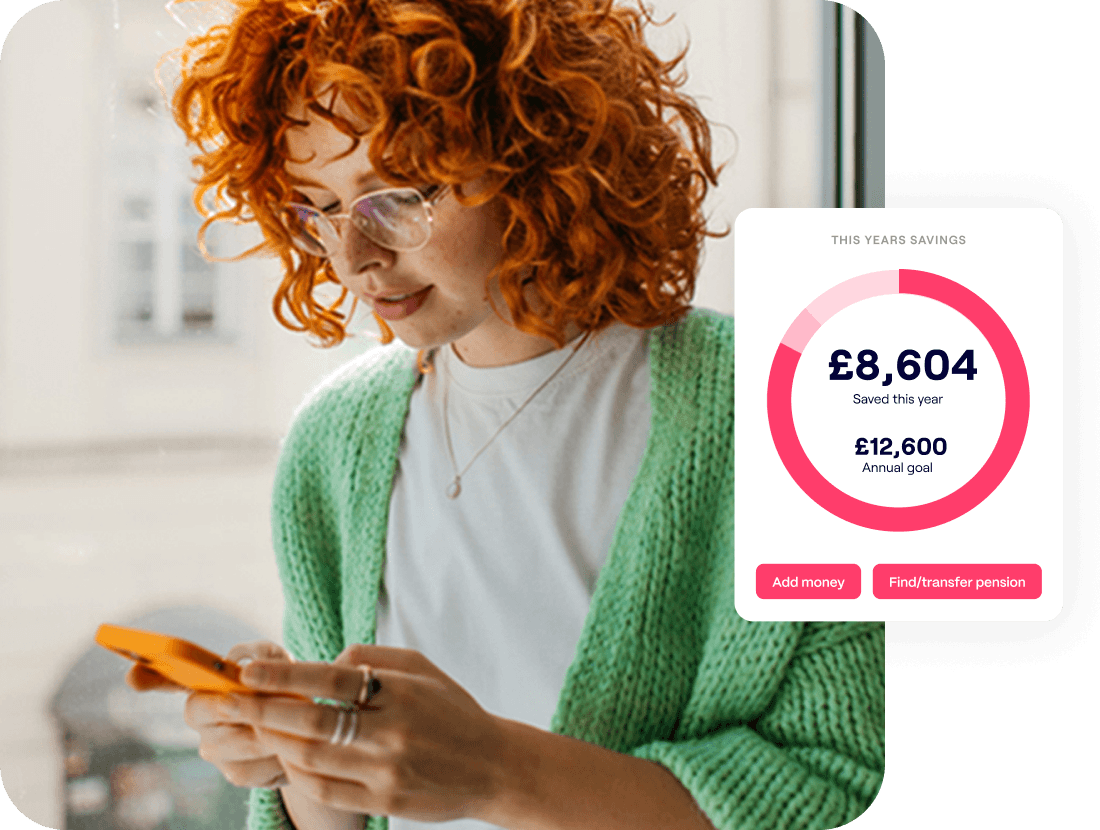 A photo of a woman looking down at a phone in her hands with an overlay excerpt of the Penfold app showing this year's pension savings