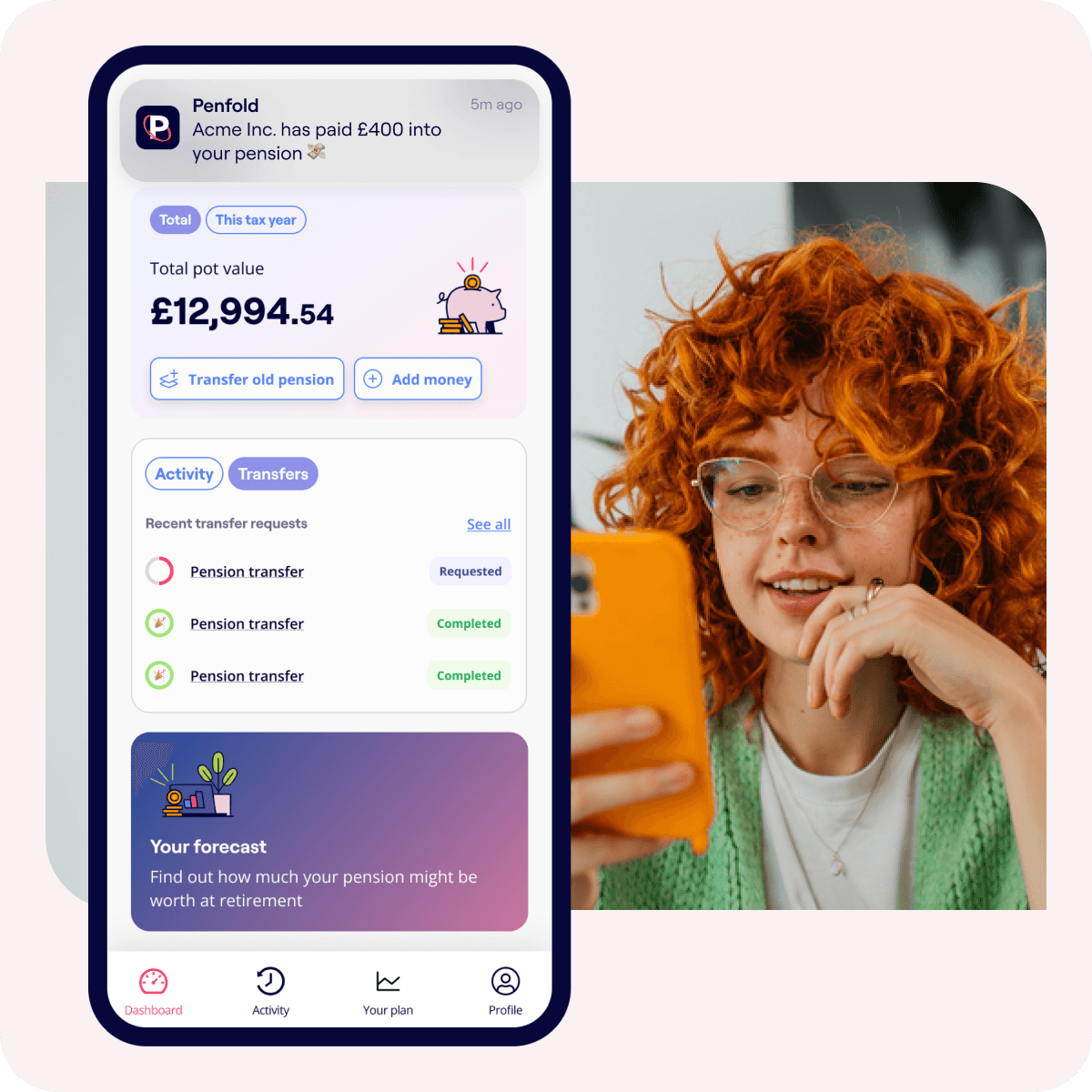 A photo of a woman smiling and excerpts of the Penfold pension app showing Sustainable pension fund screens
