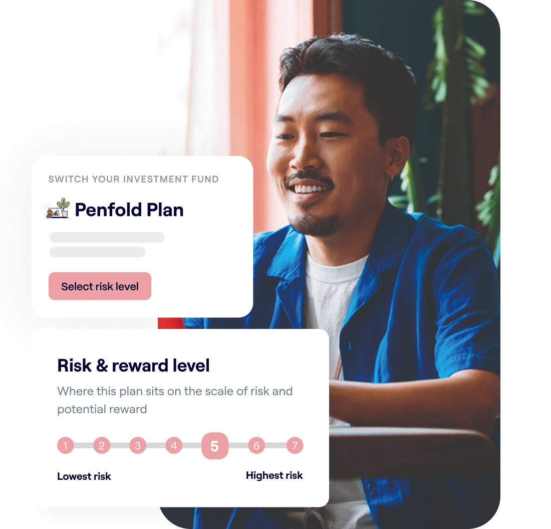 A photo of a man smiling and excerpts of the Penfold pension app showing Penfold Plan pension fund screens