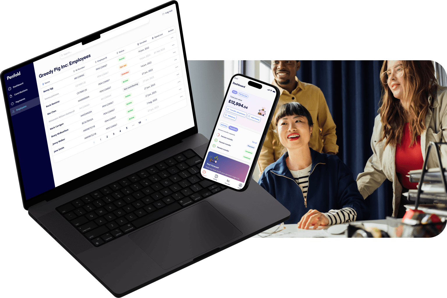 A photo of a man sat at a laptop and excerpts from the Penfold workplace pension platform dashboard