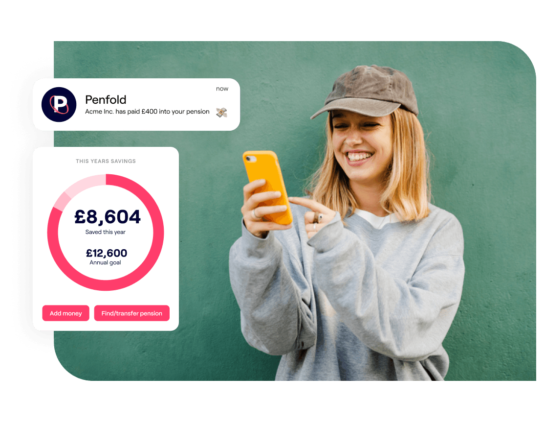 A photo of a woman looking down at a phone in her hands with an overlay excerpt of the Penfold app showing this year's pension savings