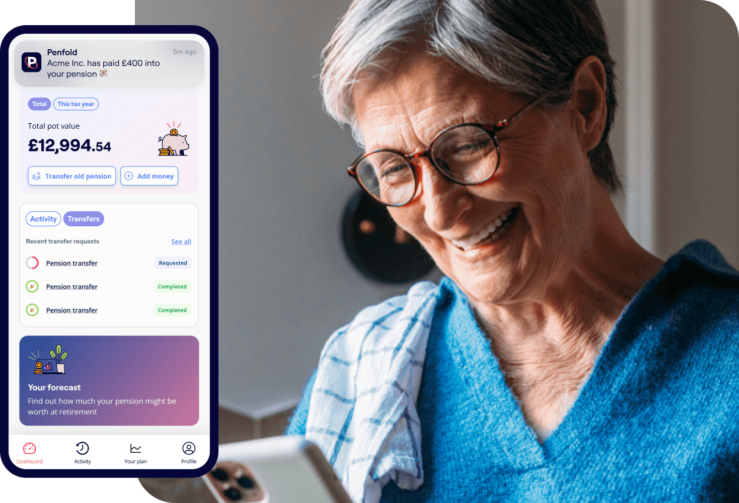 A photo of a woman looking at a tablet and excerpts of the Penfold pension app showing savings and contribution screens