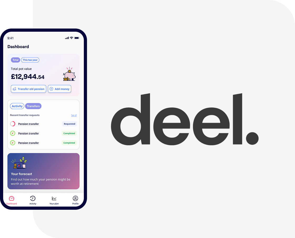 An excerpt screen of the Penfold app alongside the Deel Global Payroll logo