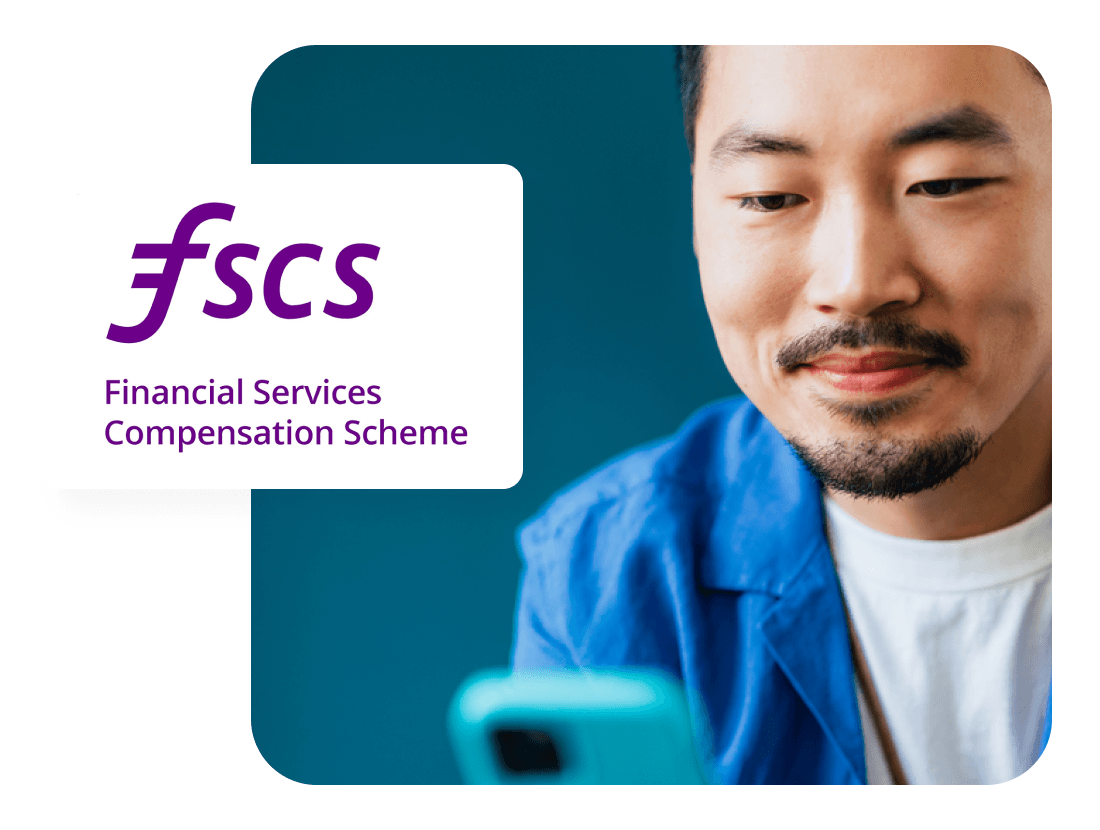 A close up photo of a man smiling while looking at a phone and the FSCS logo