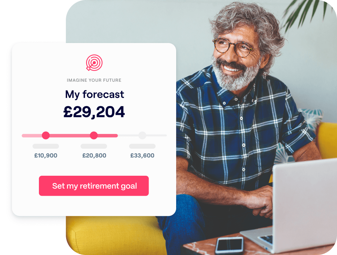 A photo of a man smiling with an overlayed excerpt from the Penfold app showing 'My retirement forecast'