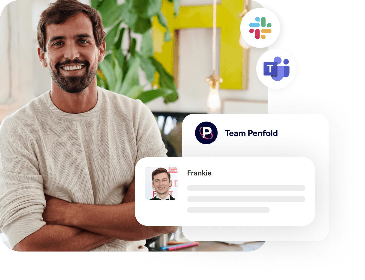 A photo of a man smiling and screen excerpts showing Penfold's customer service