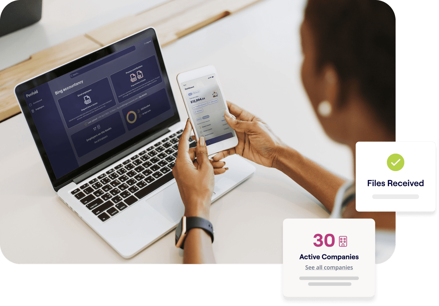 A photo of a man sat at a laptop and excerpts from the Penfold workplace pension platform dashboard
