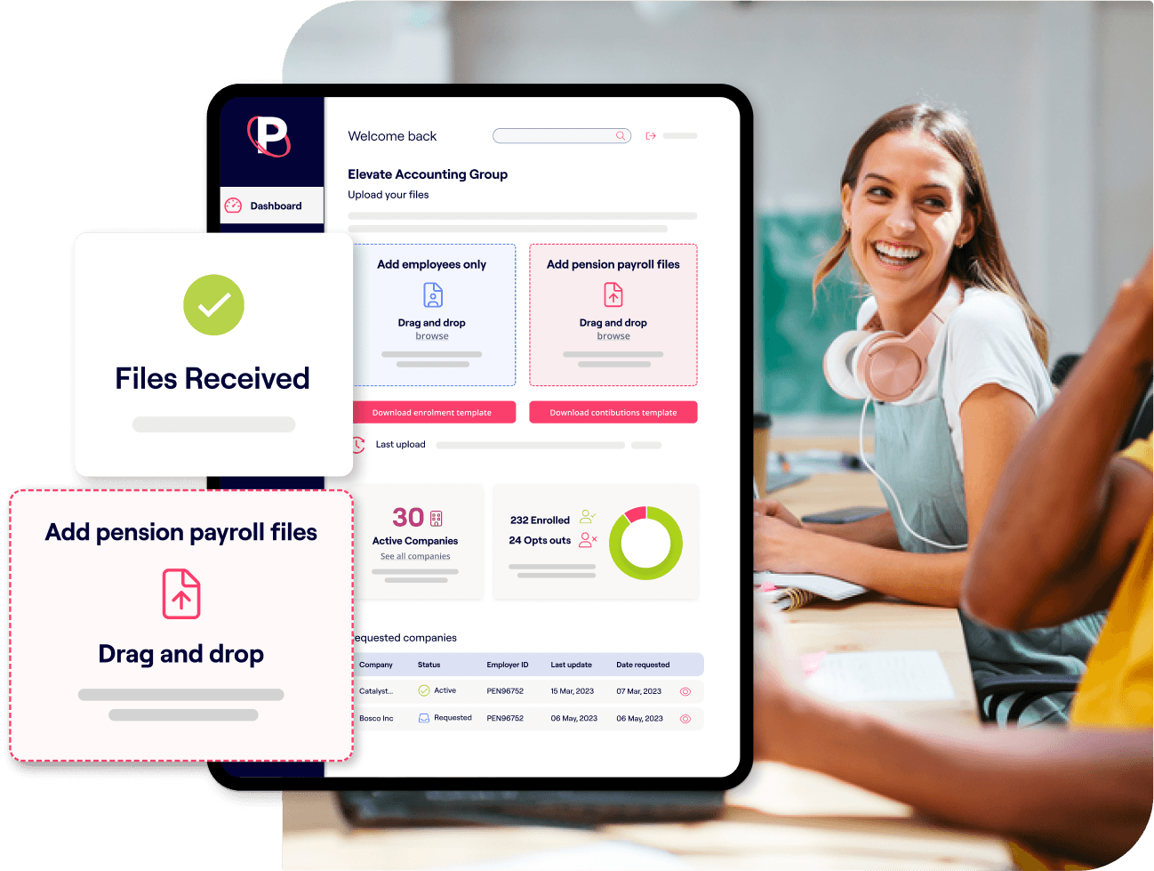 Penfold platform app alongside a smiling woman