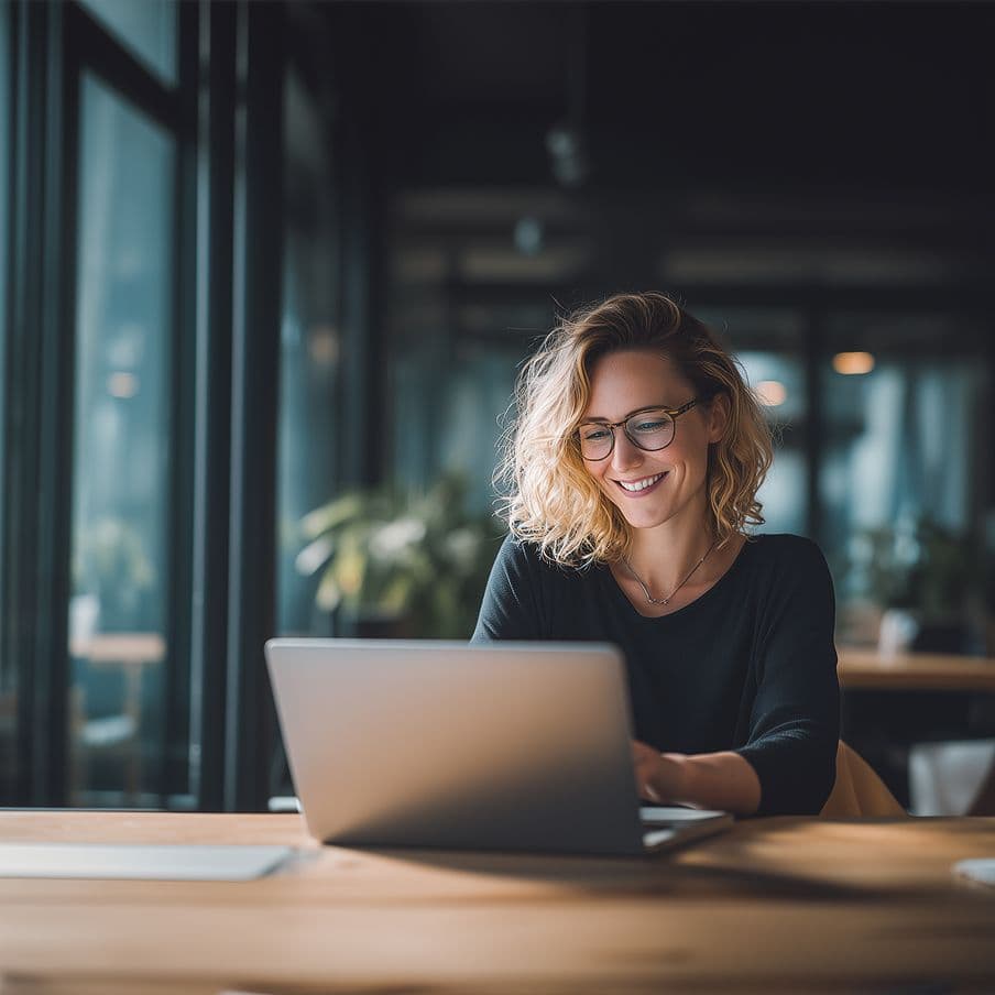 A smiling woman with blonde hair and glasses works on a laptop at a wooden table.