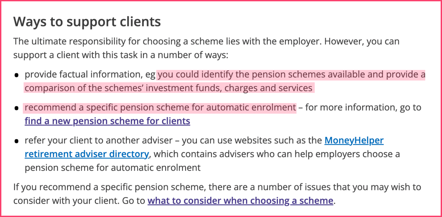 A section of The Pension Regulator's website with two lines highlighted in pink: "you could identify the pension schemes available and provide a comparison of the scheme's investment funds, charges and services", "recommend a specific pension scheme for automatic enrolment".