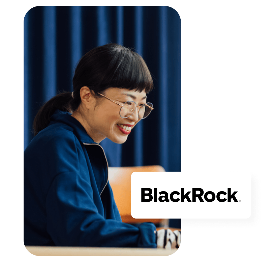 A photo of a woman laughing, alongside the BlackRock logo