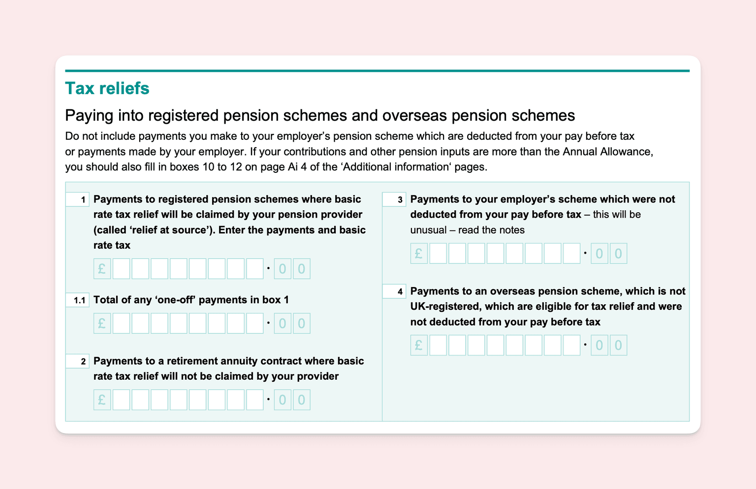 Document titled 'Tax reliefs' detailing instructions on how to report payments into pension schemes for tax purposes. It includes four sections: 1) Payments to registered pension schemes with basic rate tax relief, 1.1) Total of 'one-off' payments in box 1, 2) Payments to a retirement annuity contract, 3) Payments to your employer's scheme not deducted from pay before tax, and 4) Payments to an overseas pension scheme. Each section has an input field for the amount in pounds.