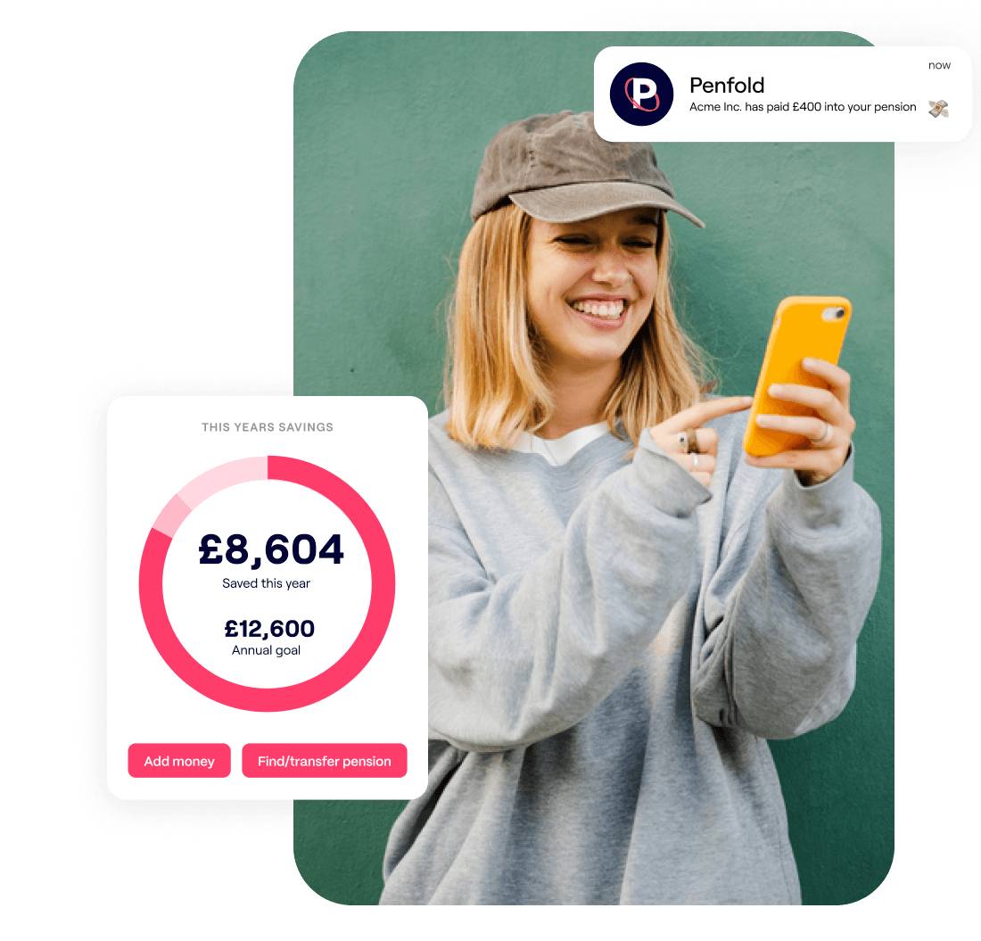 A photo of a woman smiling while looking at a phone and excerpts of Penfold's pension app showing retirement savings and contributions screens
