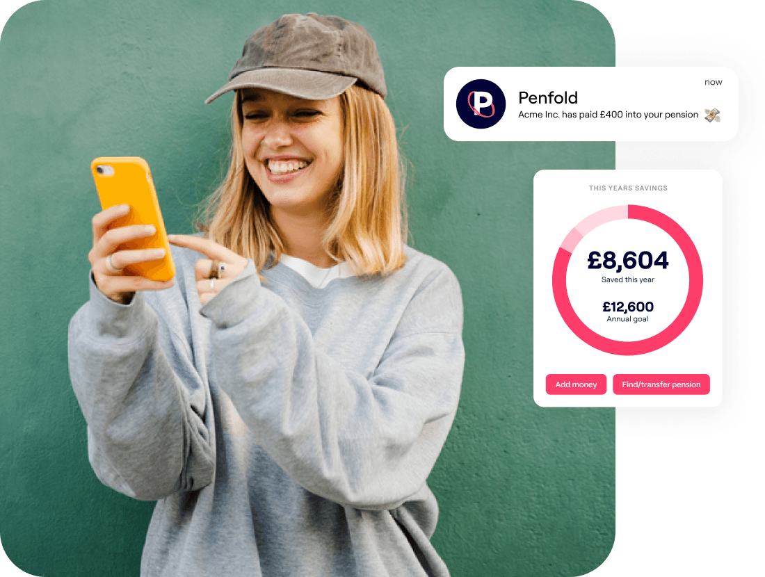 A photo of a woman smiling looking at her phone and excerpts from the Penfold pension app showing retirement savings and contributions screens