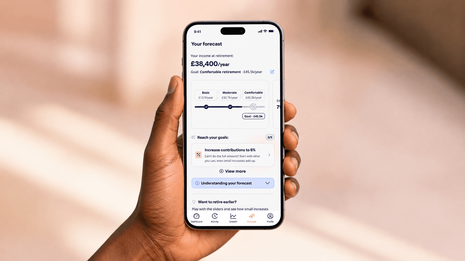 A hand holds a smartphone displaying a retirement forecast of £38,400/year.