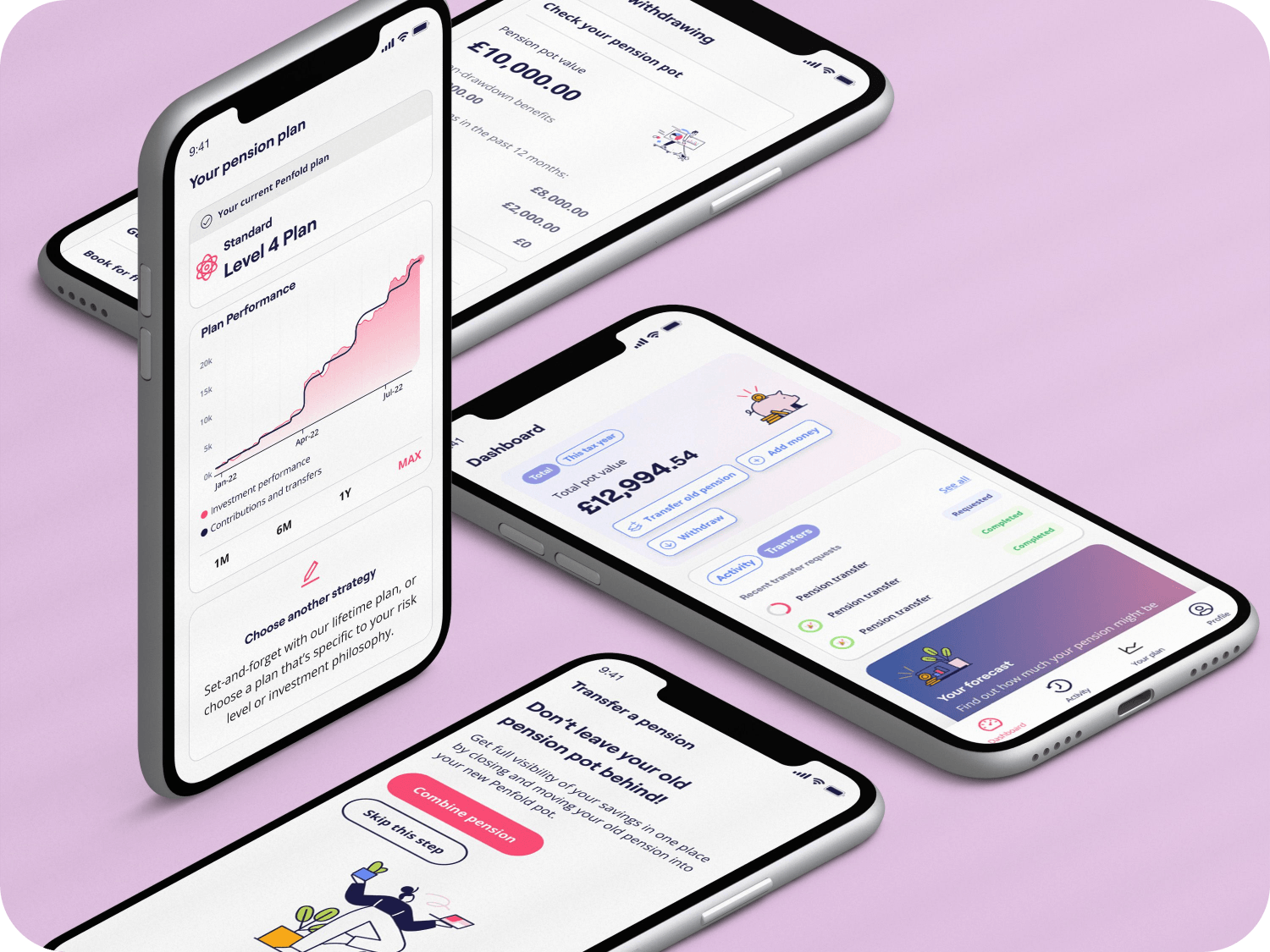 A set of four smartphones display different screens of the Penfold pension app on a pastel purple background. Screens include a performance graph of a “Level 4 Plan,” a total pension pot value of £12,994.54, transfer options, and recent pension transfer activities. Another screen encourages users to combine their pensions, with a button labeled “Combine pension.” The design emphasizes easy navigation, retirement planning, and tracking contributions.