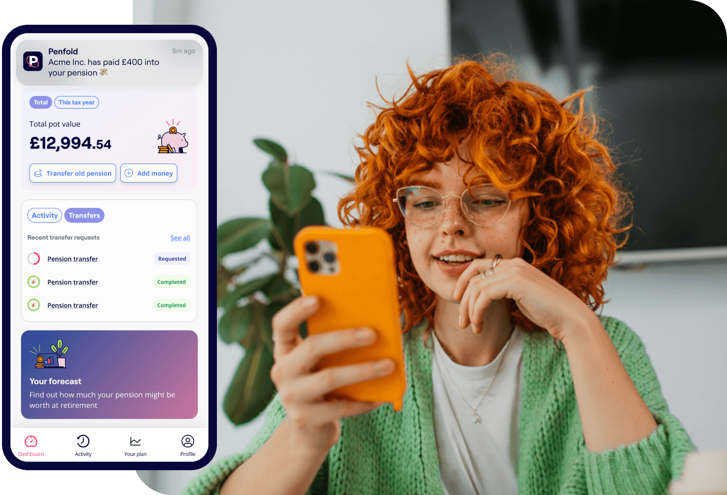 A photo of a woman smiling while looking at a phone and an excerpt of the Penfold pension app showing the dashboard screen