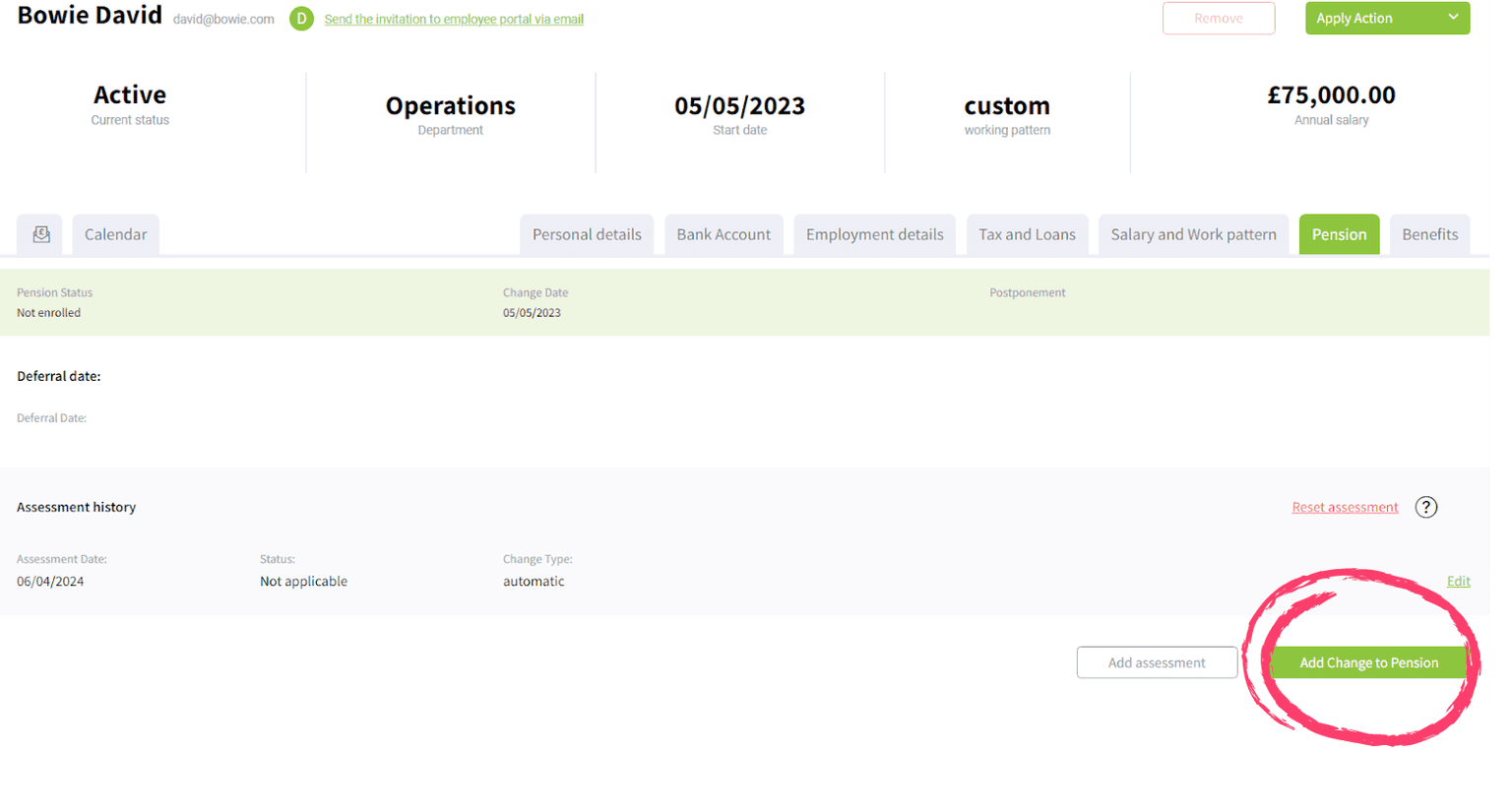 FreshPay platform view to change a pension for an existing employee