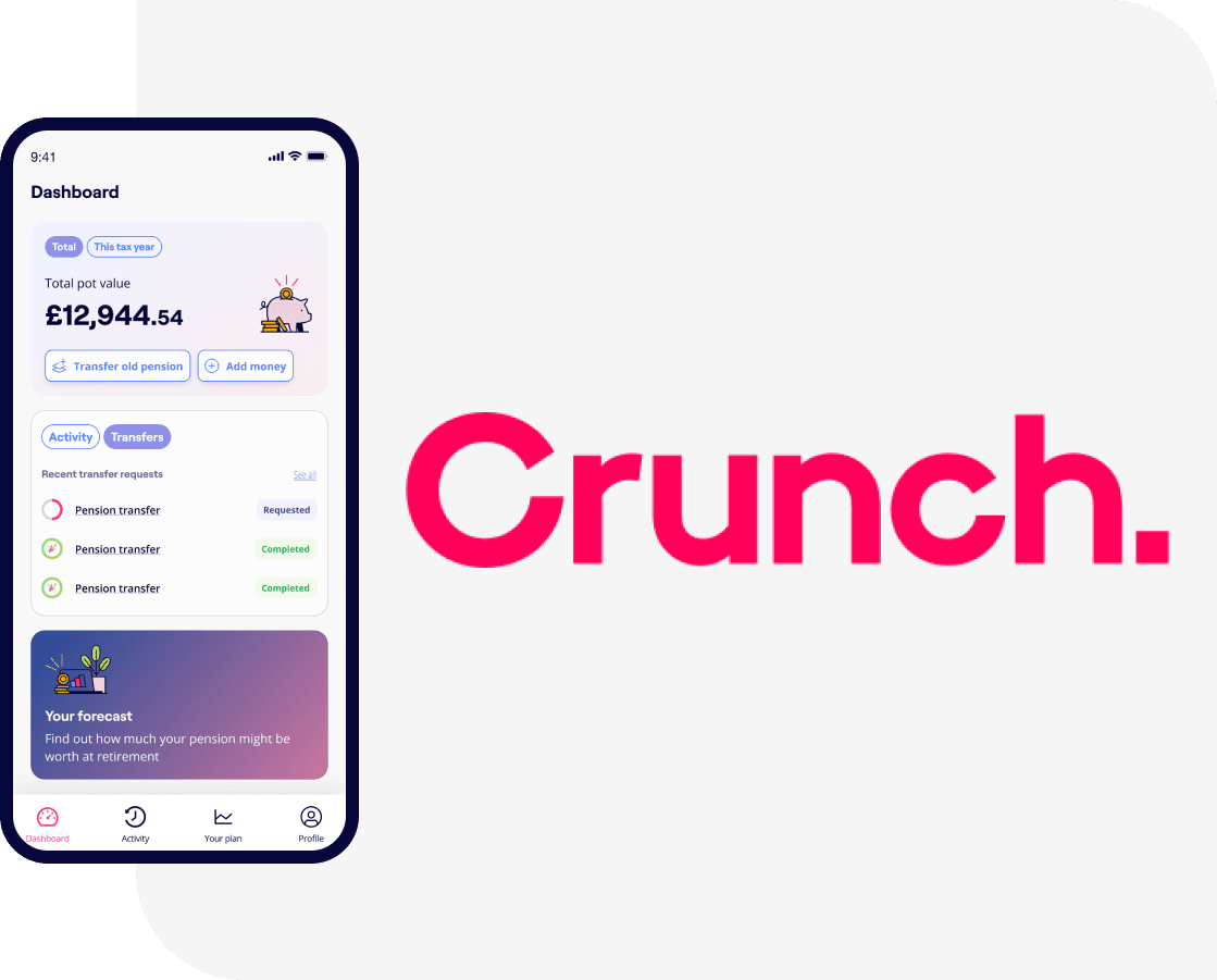 Excerpts of the Penfold pension app showing savings and contribution screens, alongside the Crunch logo