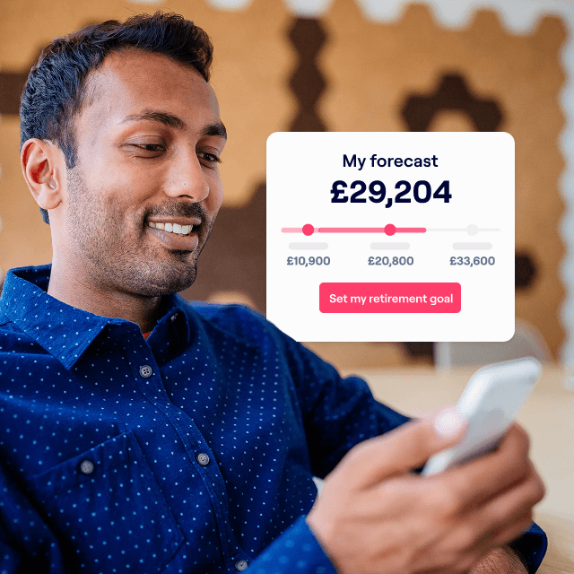 A photo of a man looking at a laptop and an excerpt of the Penfold pension app showing the My forecast retirement screen