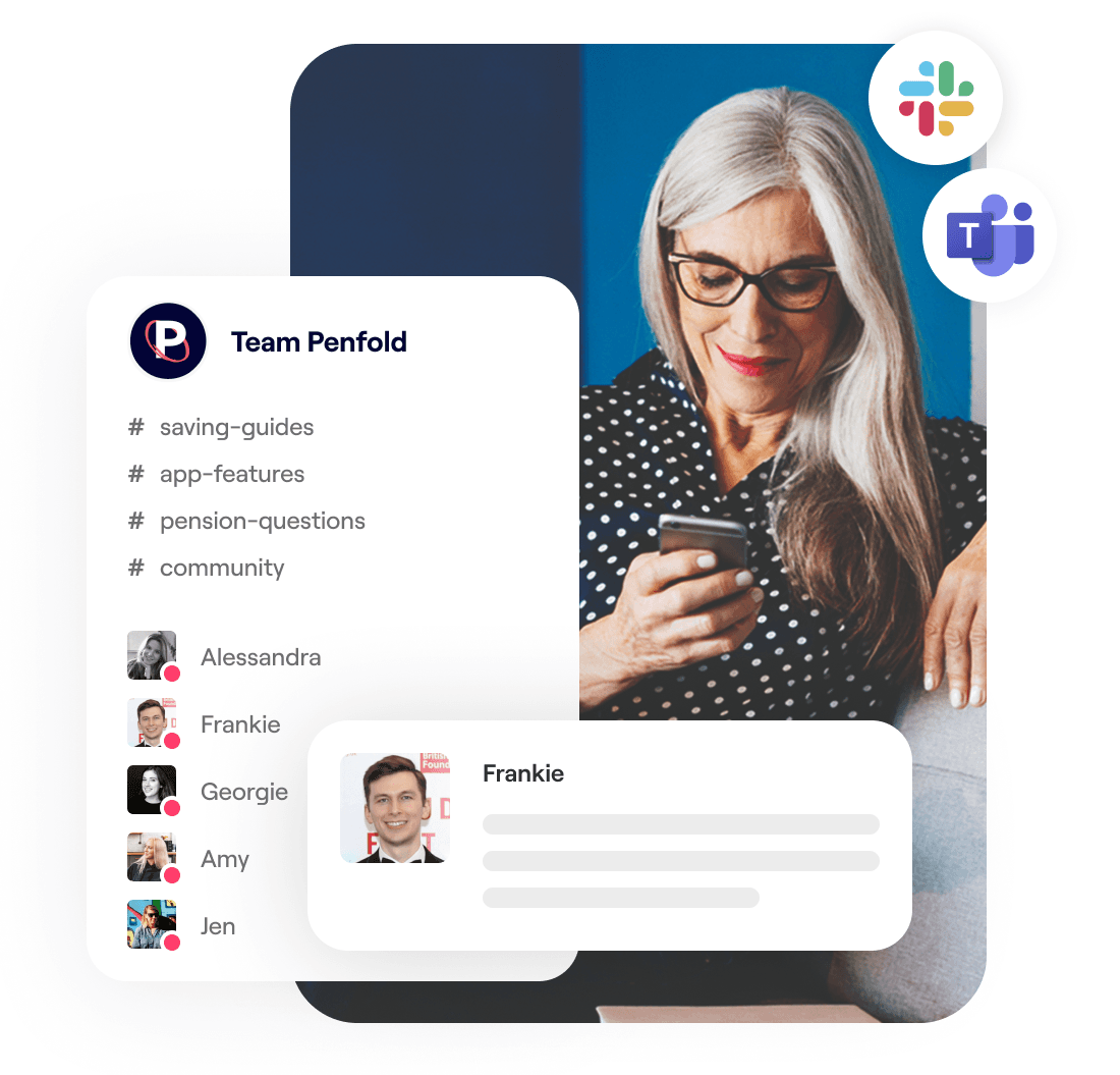 A photo of a woman smiling while looking at a phone and excerpt screens of Penfold integrating with work chat systems