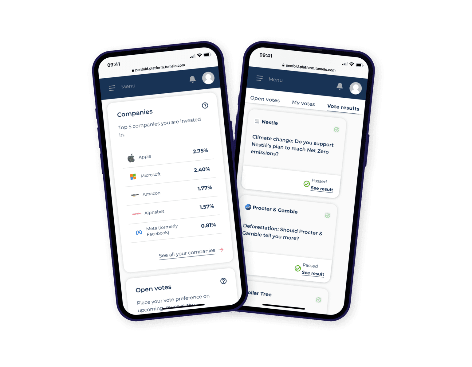 Penfold app showing where pensions are invested and company voting screens