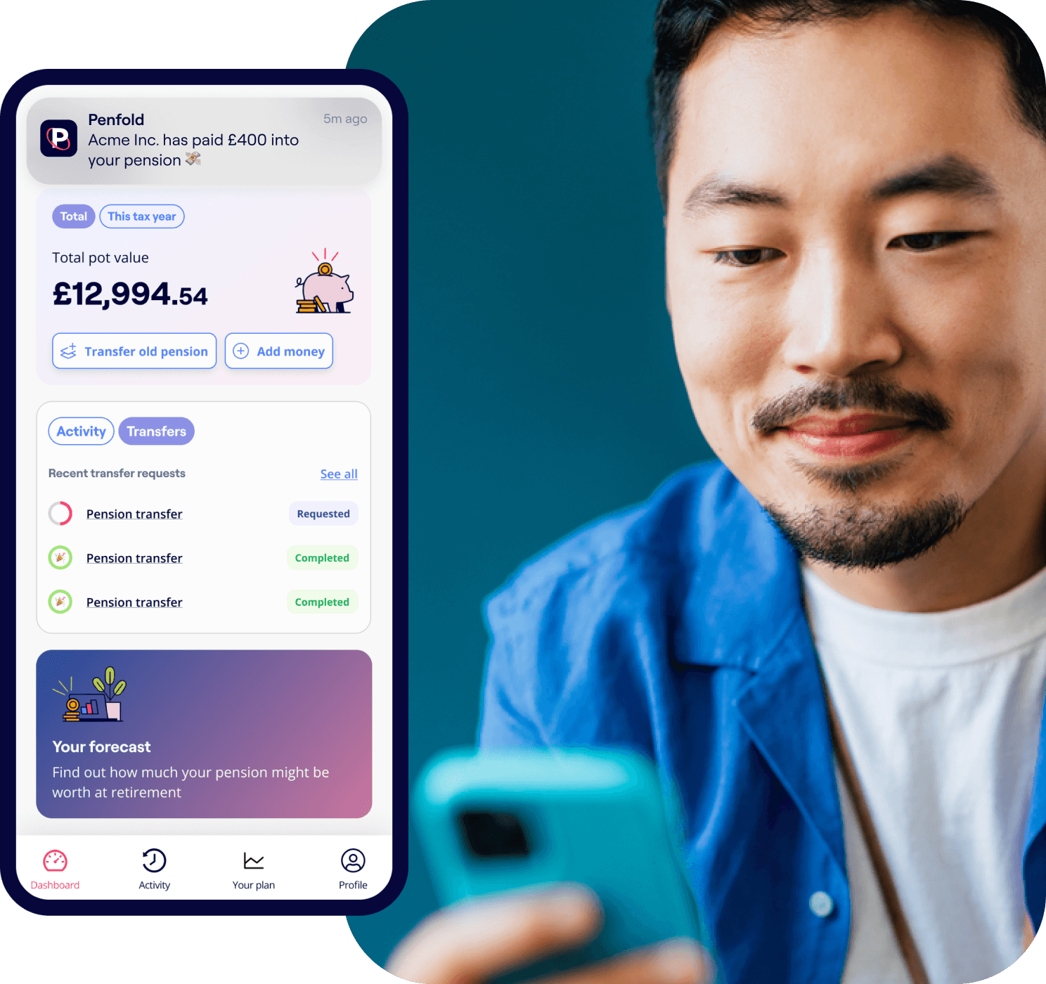 A photo of a man smiling while looking at a laptop and excerpts of the Penfold pension app showing retirement savings and contributions screens