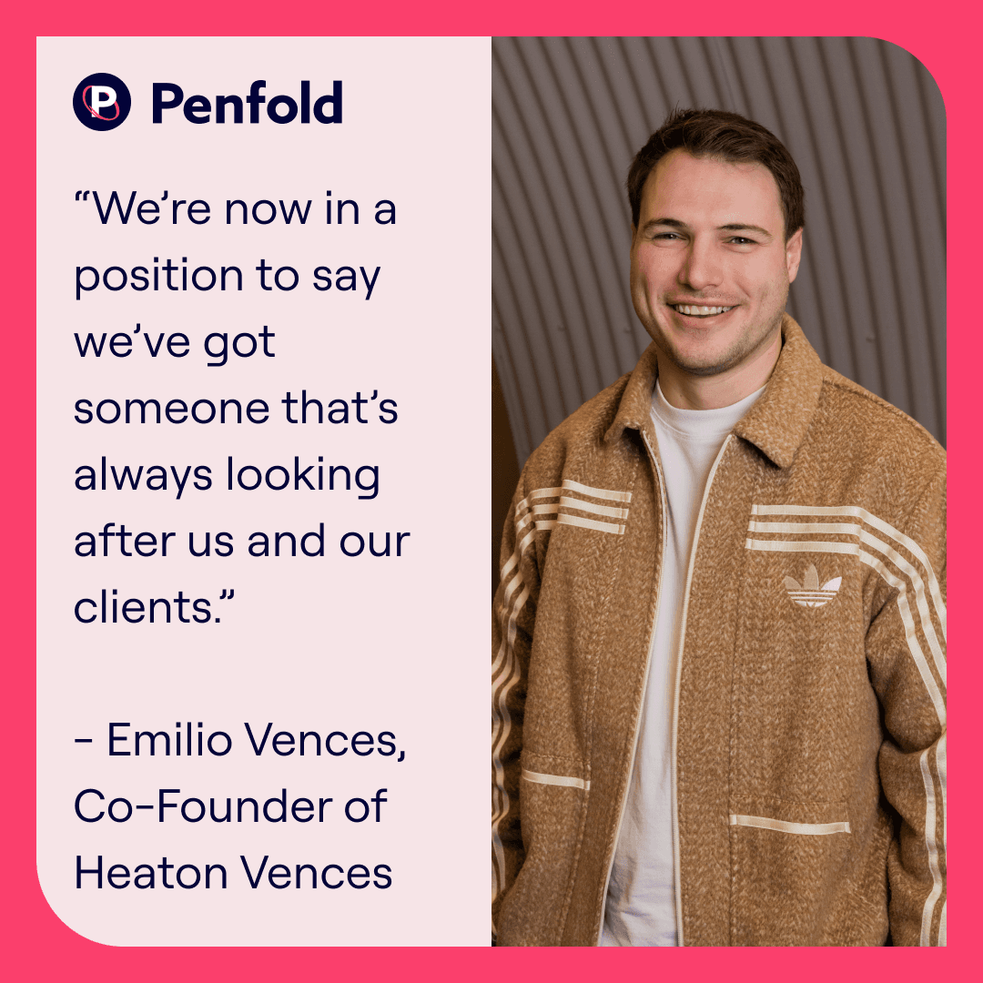 Picture of Emilio Vences, a man with brown hair wearing a brown jacket and white shirt underneath. He's smiling. Some text alongside reads: "'We're now in a position to say we've got someone that's always looking after us and our clients.' Emilio Vences, Co-Founder of Heaton Vences'"