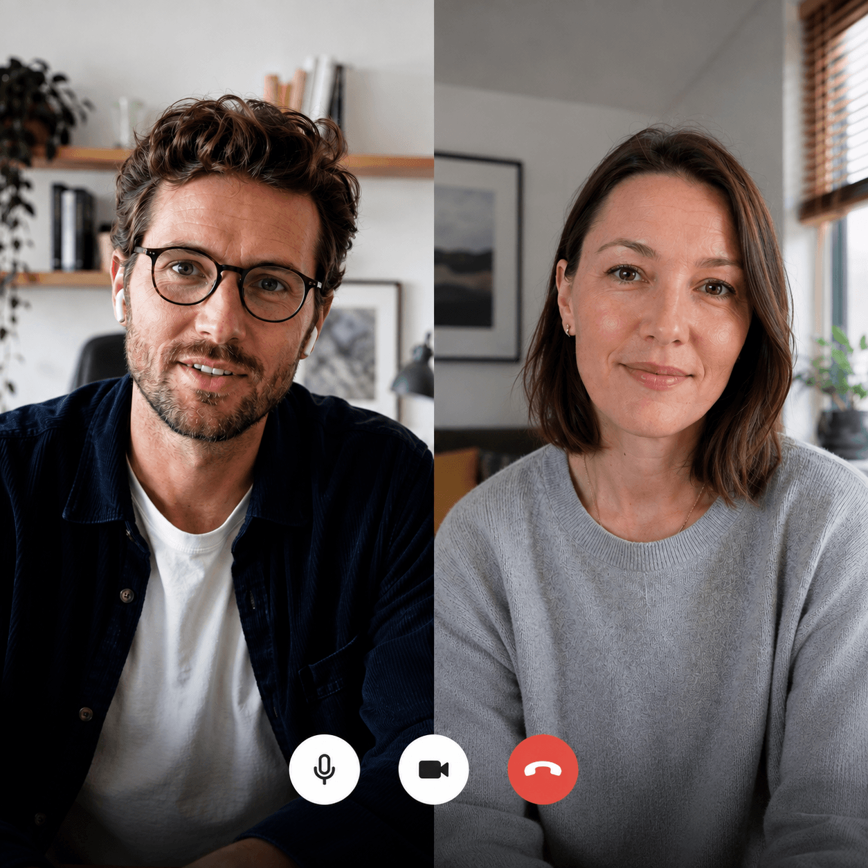 A smiling man and woman on a video call screen.