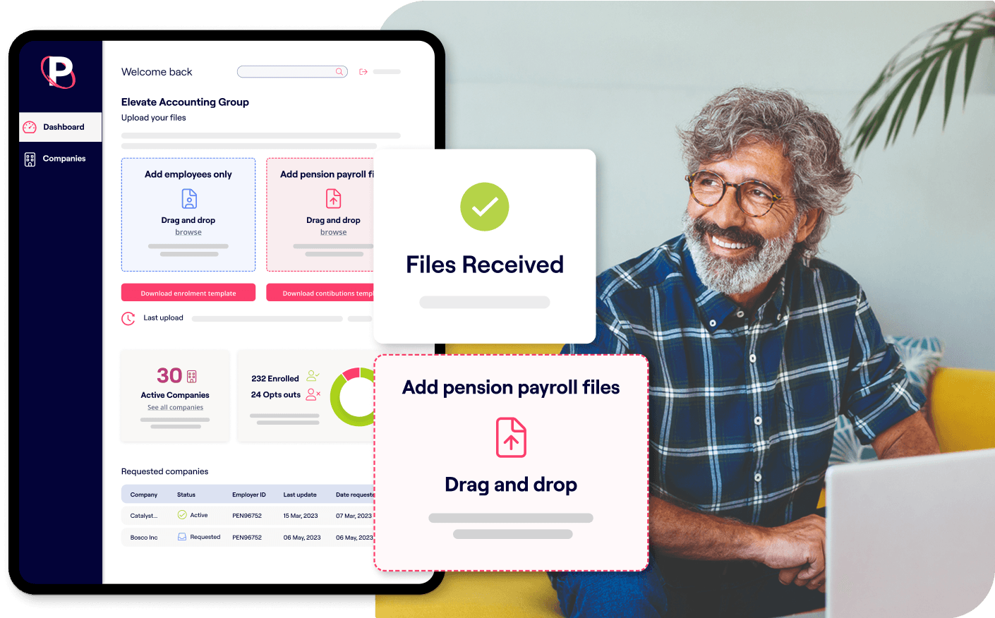 A photo of two finance team members sat at a desk and excerpts of the Penfold pension app showing Sustainable investment fund screens