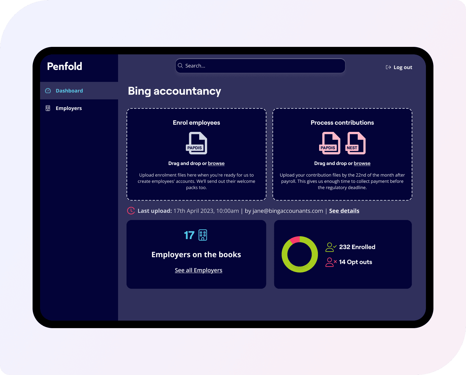 A dashboard for “Bing accountancy” within the Penfold platform is displayed on a tablet. The interface shows two sections: “Enrol employees” and “Process contributions,” each allowing file uploads via drag-and-drop or browsing. Below, there is a status update with the last upload timestamp (17th April 2023, 10:00am) and user email (jane@bingaccountants.com). Statistics at the bottom show 17 employers, 232 enrolled employees, and 14 opt-outs. A pie chart illustrates the enrolment and opt-out numbers. A sidebar on the left includes navigation to the dashboard and employers.