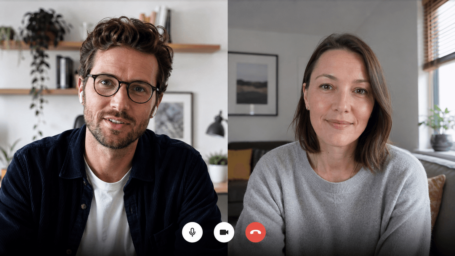 Split-screen video call between a man and a woman.