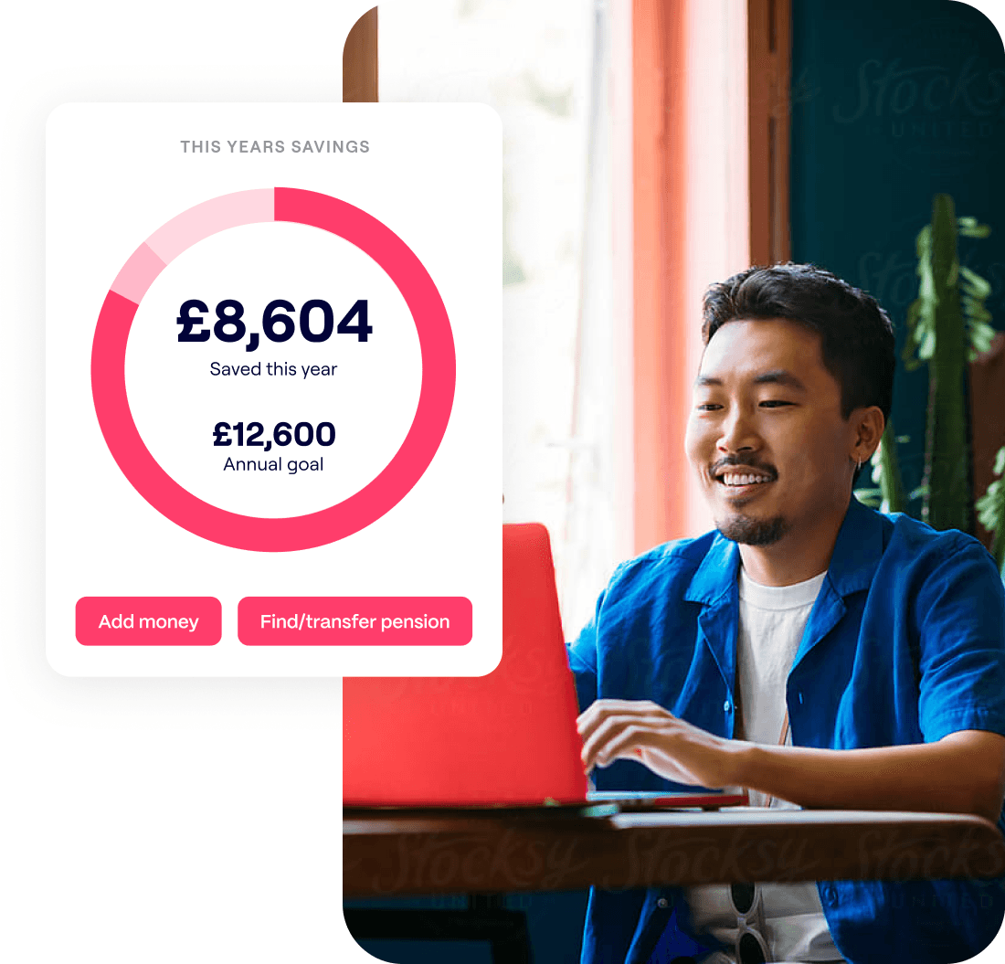 A photo of a working on a laptop and an excerpt of the Penfold pension app savings screen