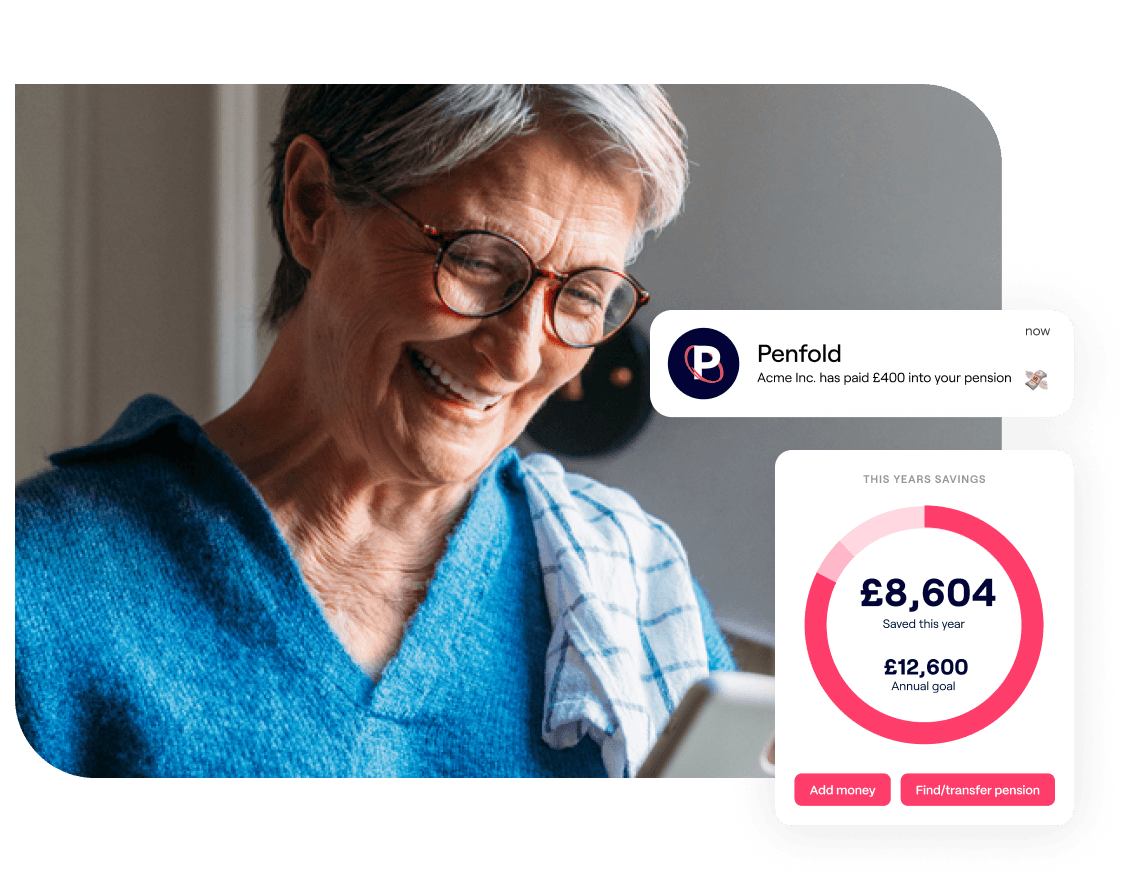 A photo of a woman smiling while looking at a laptop and excerpts of the Penfold pension app showing retirement savings and pension contributions screens