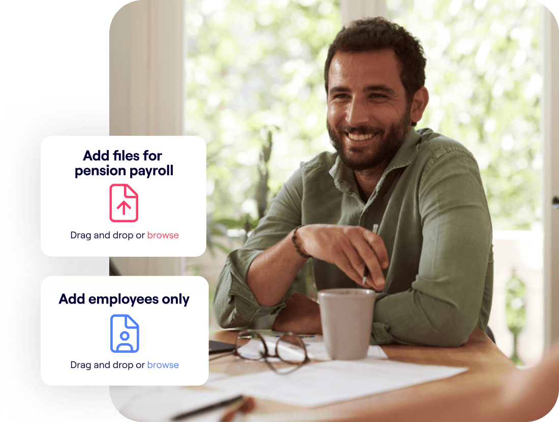 A photo of a financial advisor smiling while holding a pen and excerpts of the Penfold platform showing Add files for pension payroll screens