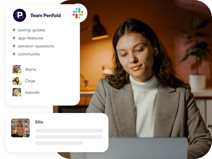A photo of a woman looking at a phone and excerpt screens of the Penfold team messaging employees