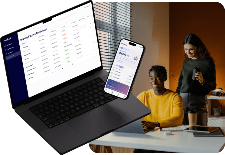 A composite image featuring a laptop and smartphone displaying Penfold’s pension management interface, alongside two colleagues working together in an office setting. The laptop screen shows an employee management dashboard, while the phone displays a personal pension overview. In the background, a man in a yellow sweater works on a laptop, and a woman holding a coffee cup smiles while engaging with him. The setting is a modern, well-lit office.