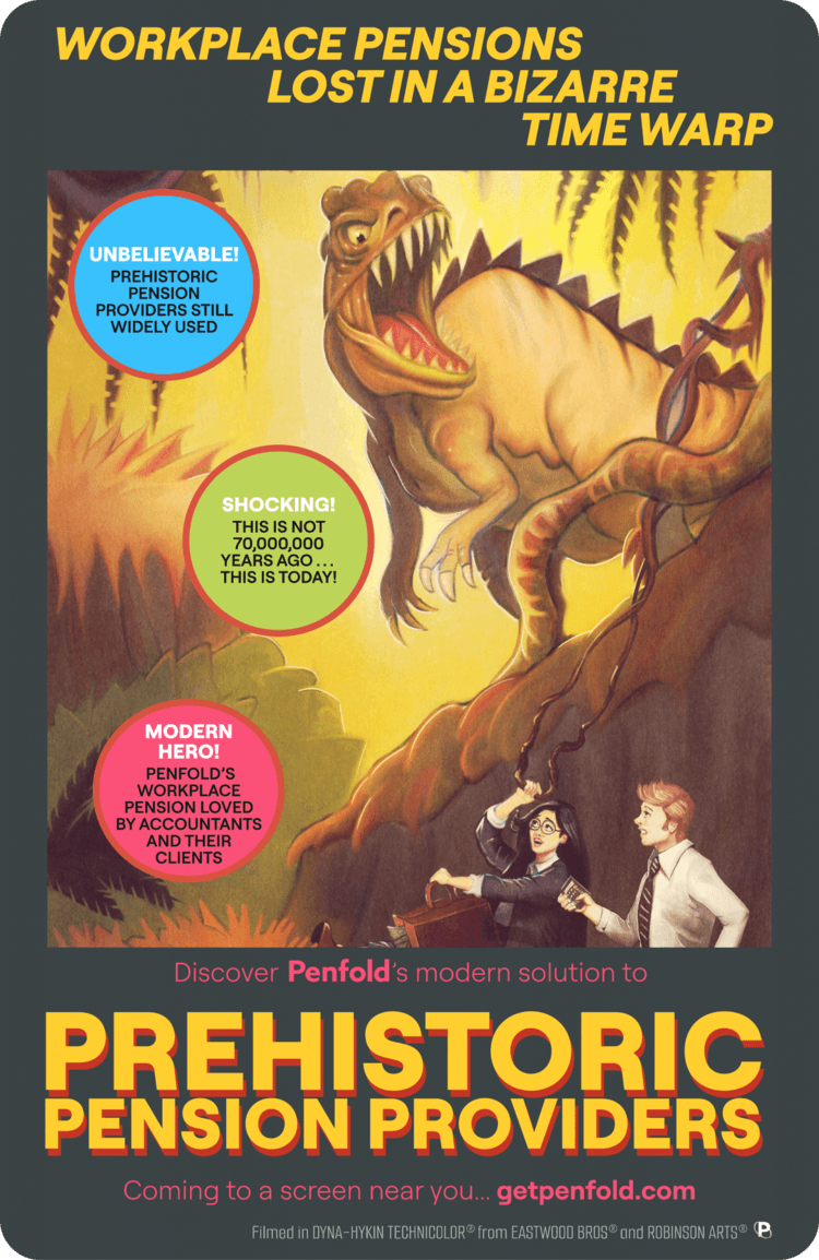 Penfold's mock-up movie poster. It shows scared accountants running away from a tyrannosaurus rex.