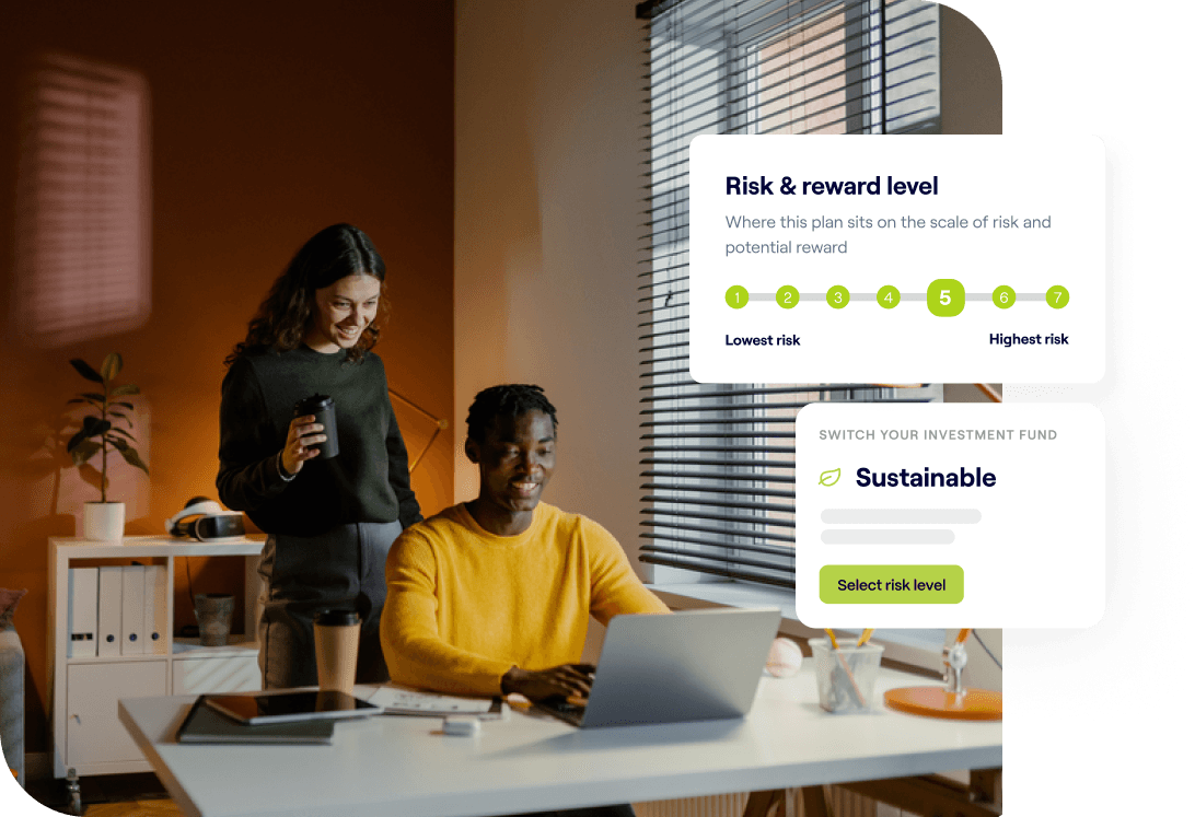 A photo of two finance team members sat at a desk and excerpts of the Penfold pension app showing Sustainable investment fund screens