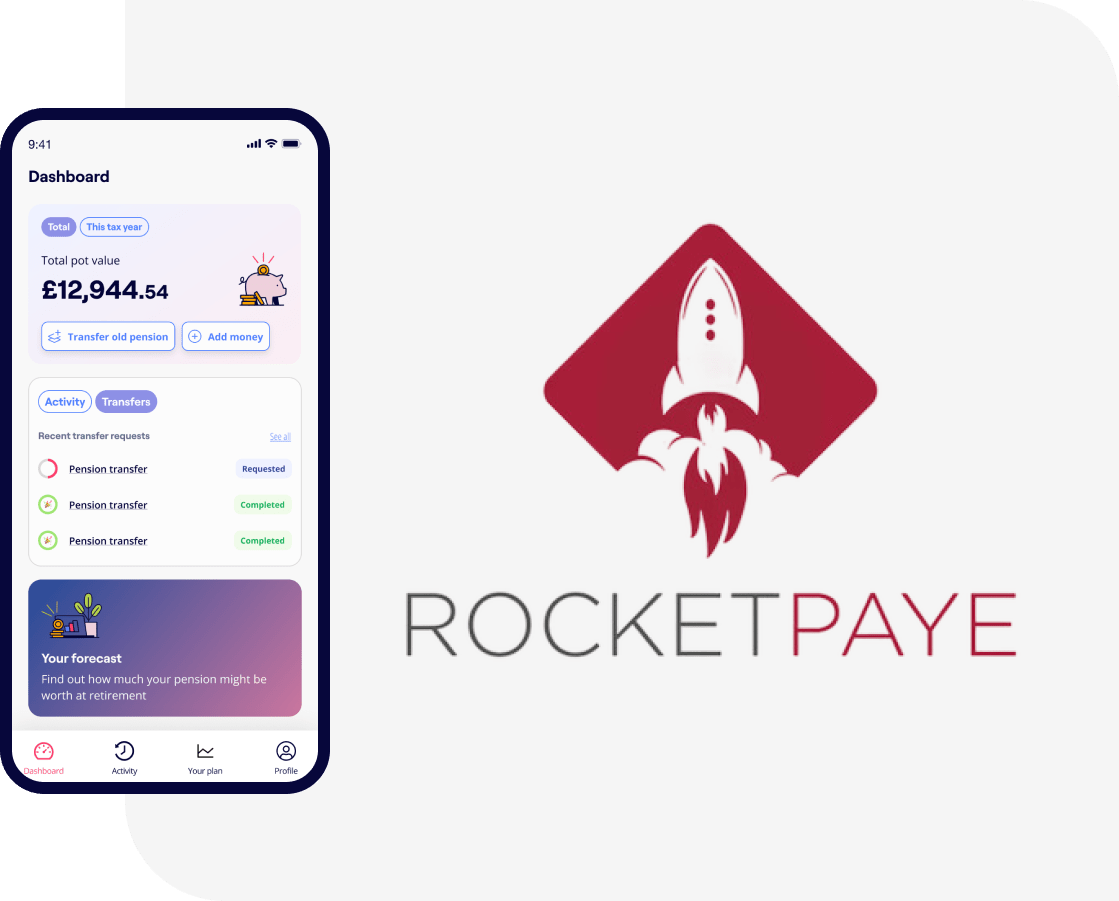 The Penfold pension app showing savings and contribution screens, alongside the Rocket Paye logo