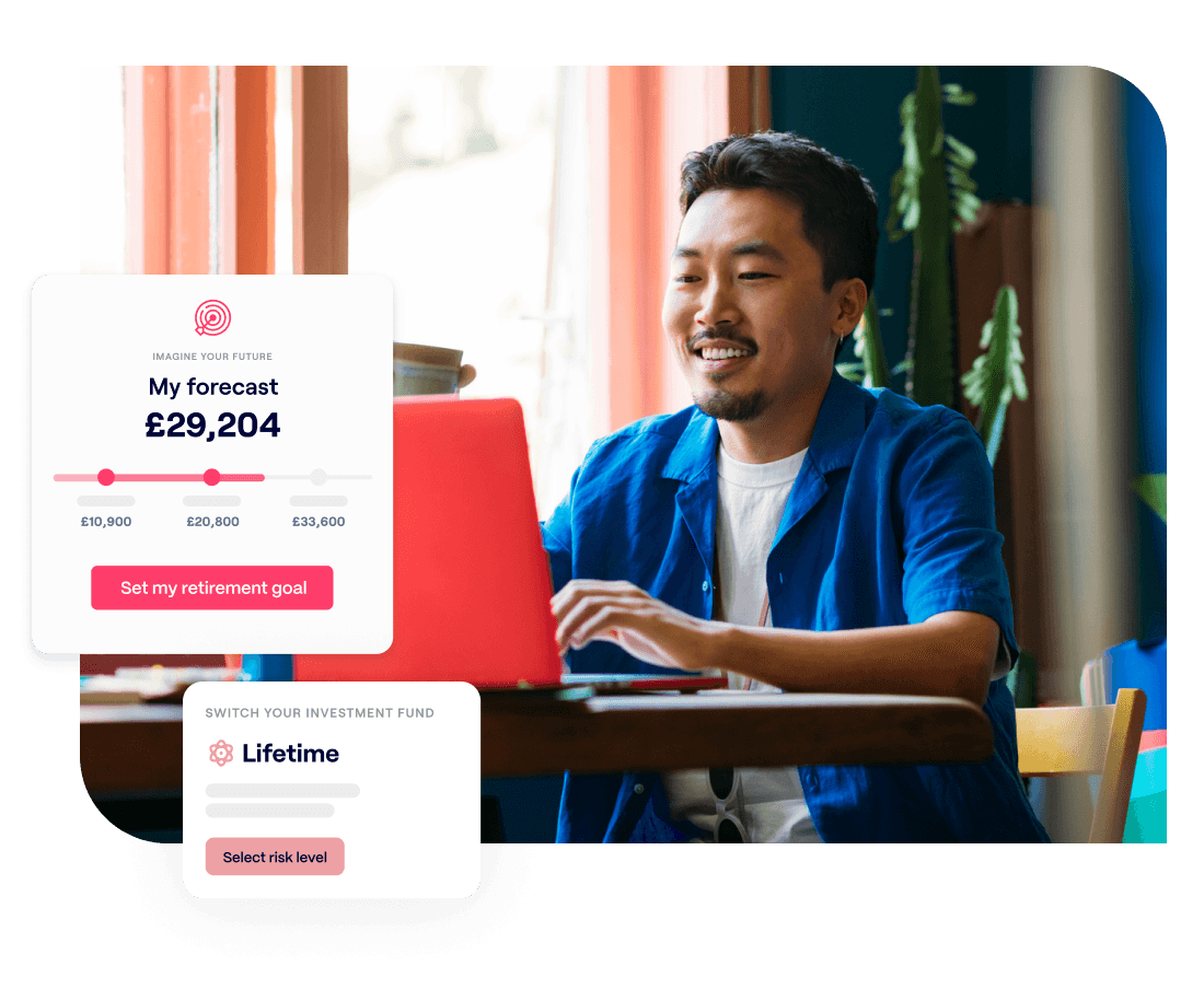 A photo of a financial advisor smiling while looking at a laptop and excerpts of the Penfold pension app showing My forecast retirement savings screens