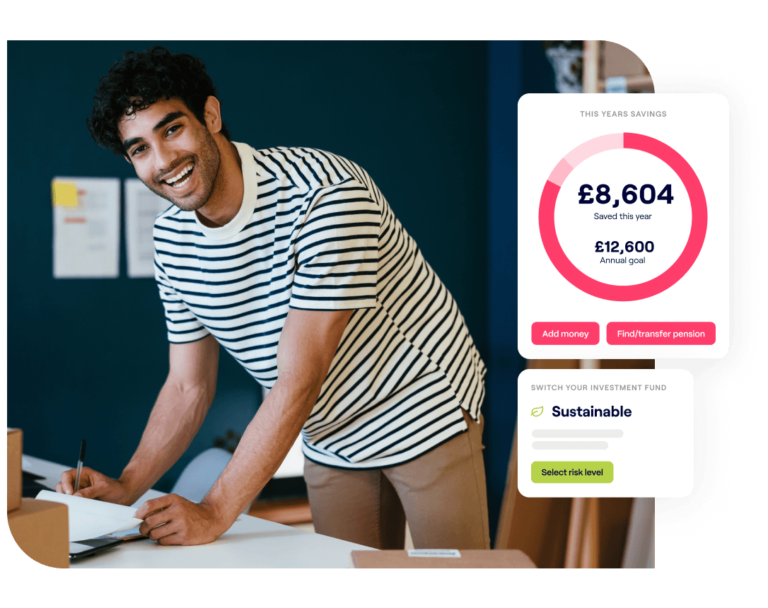 A photo of a man leaning over a table and excerpts from the Penfold pension app dashboard