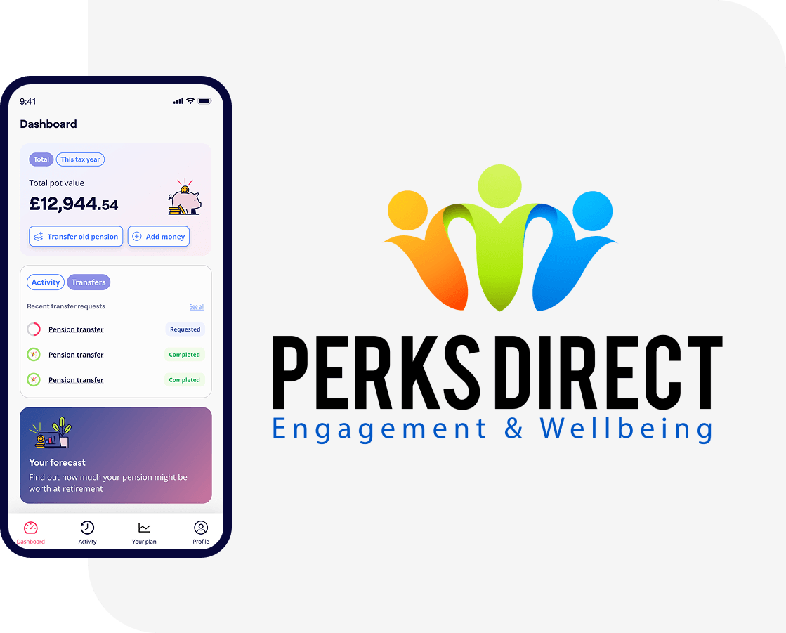 The Perks Direct logo alongside the Penfold pension app showing savings and contribution screens